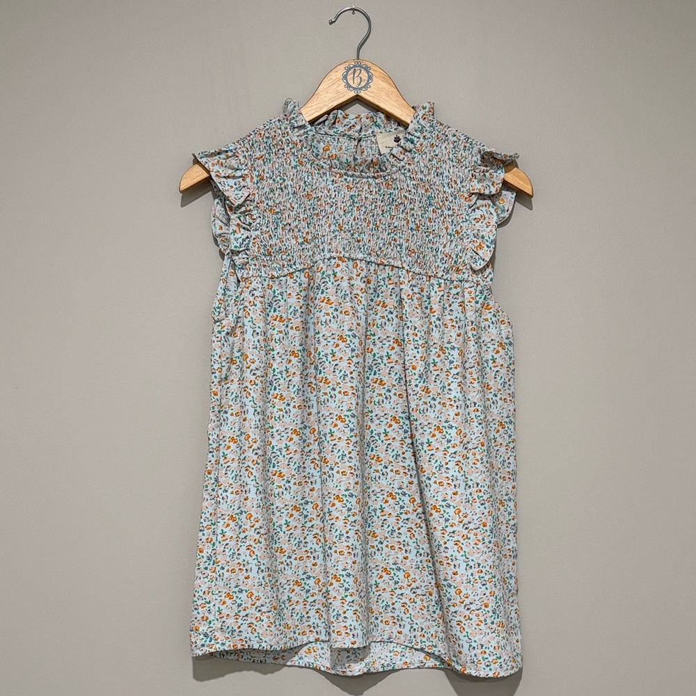 Floral Ruffle Blouse - Blue and Orange